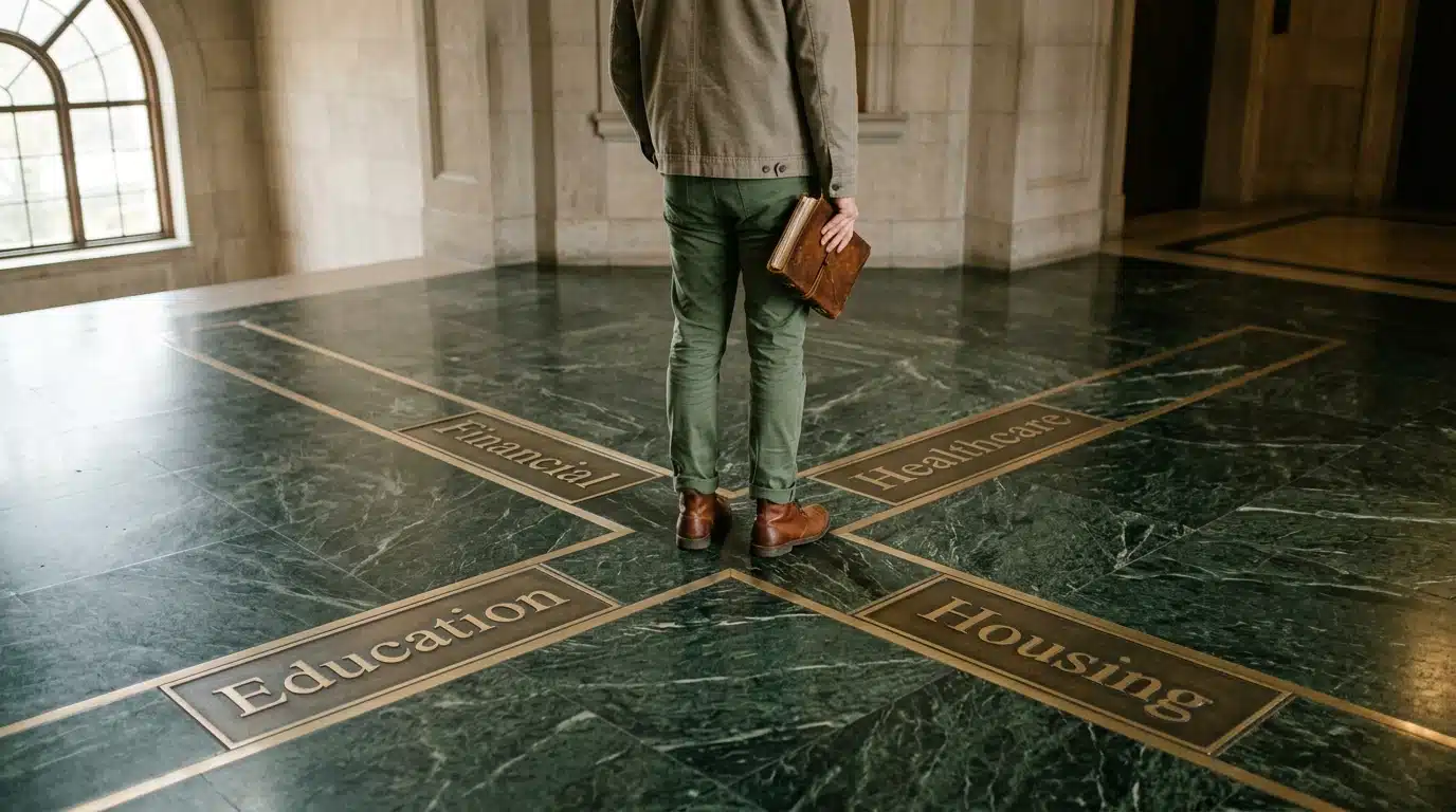 Person standing at a crossroads of glowing pathways labeled Financial, Healthcare, Education, and Housing, holding a journal, with soft natural light.
