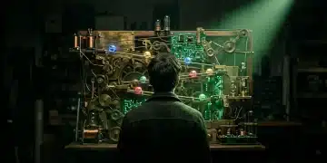 Person observing a complex Rube Goldberg machine representing the integration of news, education, finances, and benefits with green circuit boards under dramatic green light.