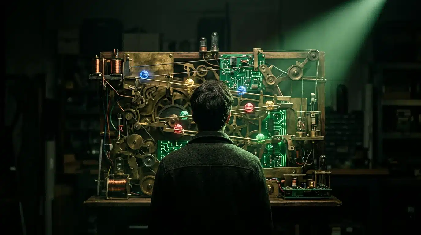 Person observing a complex Rube Goldberg machine representing the integration of news, education, finances, and benefits with green circuit boards under dramatic green light.