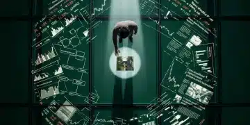 An aerial view of a person standing on a glass floor covered with fragmented digital news, financial charts, and educational pathways, reaching towards a clear spot with a miniature model of a home, symbolizing the challenge of navigating misinformation for informed decisions.
