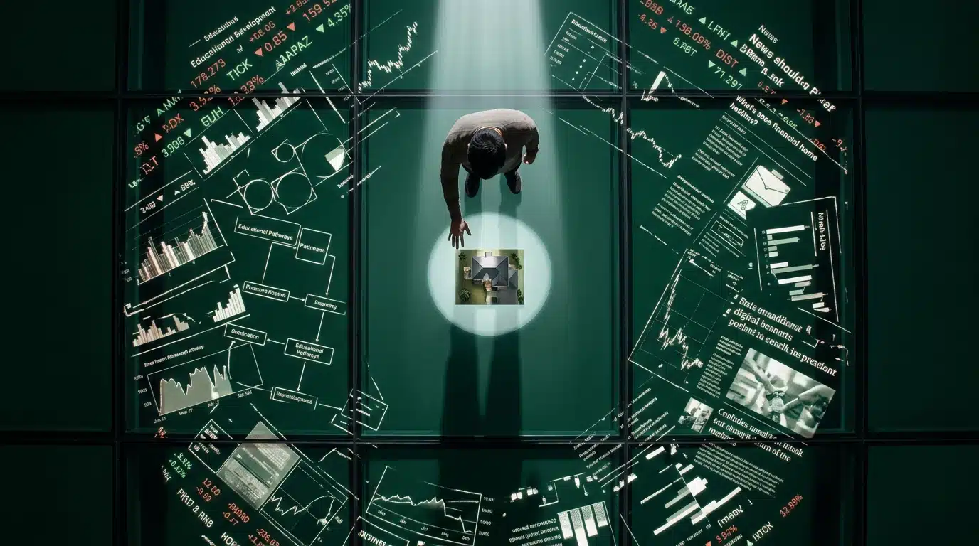 An aerial view of a person standing on a glass floor covered with fragmented digital news, financial charts, and educational pathways, reaching towards a clear spot with a miniature model of a home, symbolizing the challenge of navigating misinformation for informed decisions.