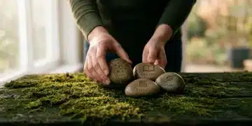 Hands arranging four river stones engraved with symbols for news, education, finances, and benefits on a mossy wooden surface, symbolizing interconnected growth.