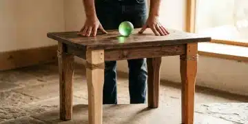 A person's hands stabilizing a rustic wooden table with four distinct legs, representing integrated benefits working together, under warm natural light.