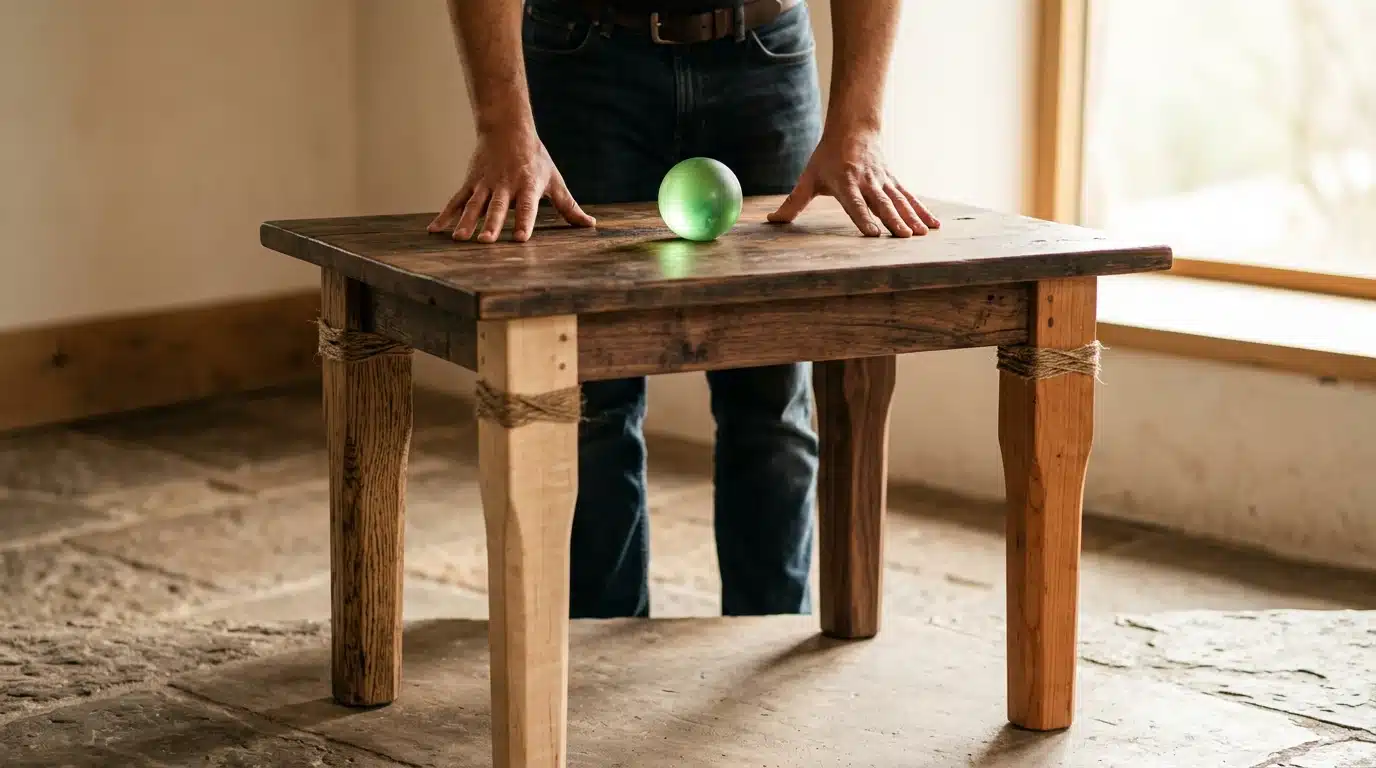 A person's hands stabilizing a rustic wooden table with four distinct legs, representing integrated benefits working together, under warm natural light.