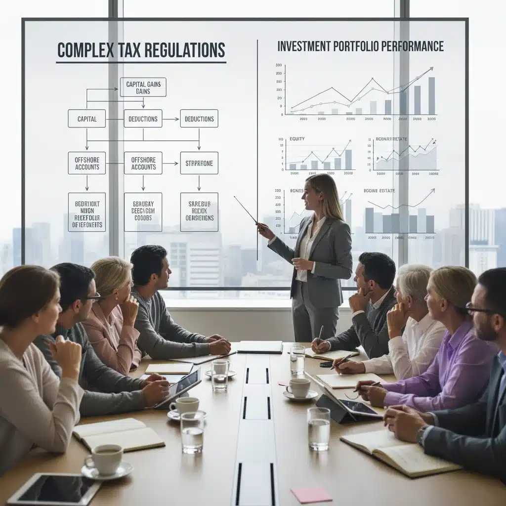 Investors discussing complex tax regulations with a financial advisor, focusing on 2026 capital gains strategies.