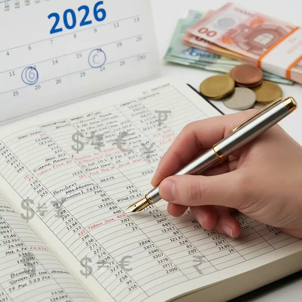 Hand with pen over financial ledger, symbolizing meticulous record-keeping for 2026 capital gains tax.