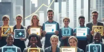 Professionals showcasing micro-credential badges on devices, symbolizing career advancement and employability growth.