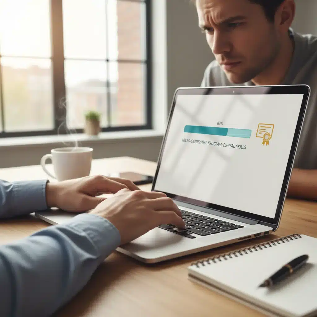 Individual actively participating in an online micro-credential learning program on a laptop.