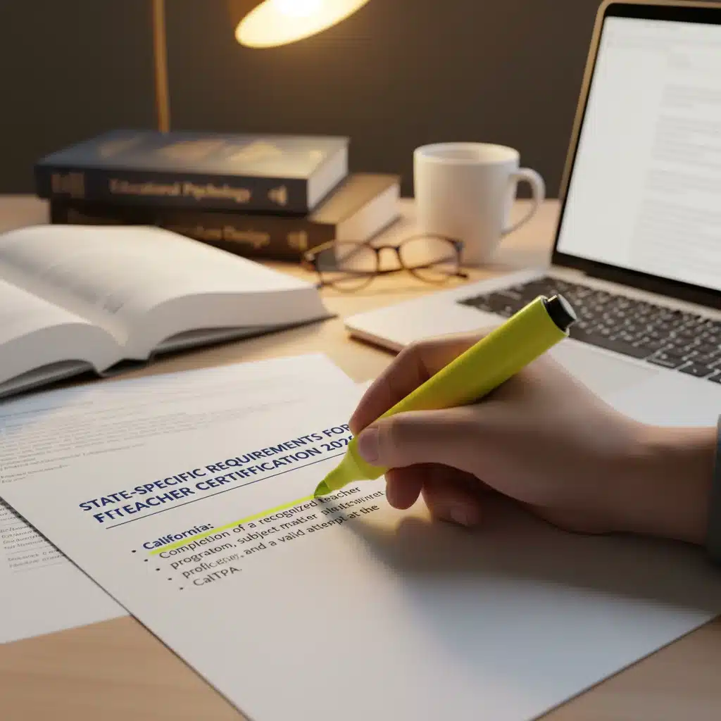 Detailed view of state-specific teacher certification requirements document