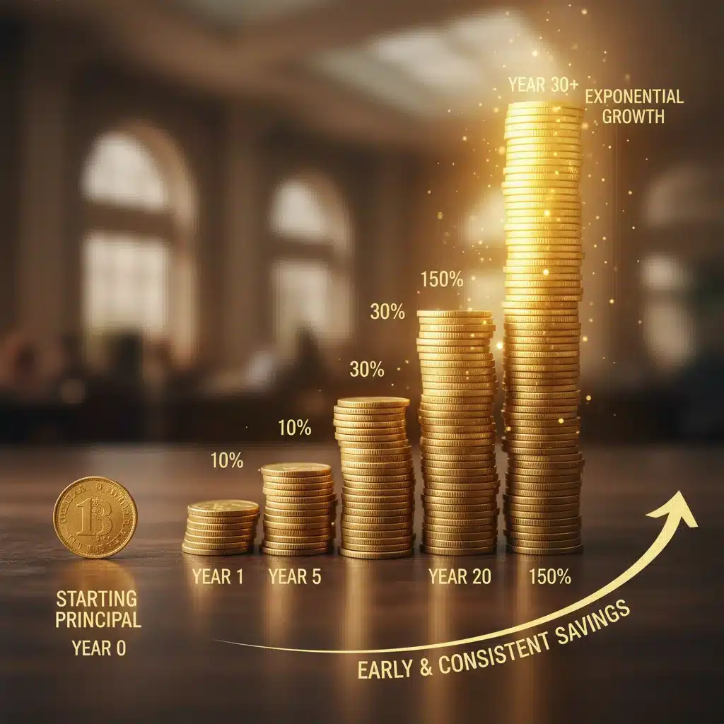 Compounding interest growth on retirement savings over many years