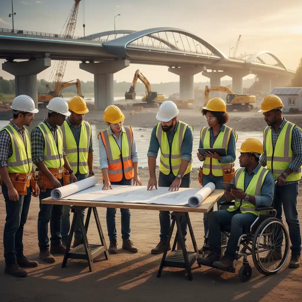 Construction workers reviewing bridge blueprints on site