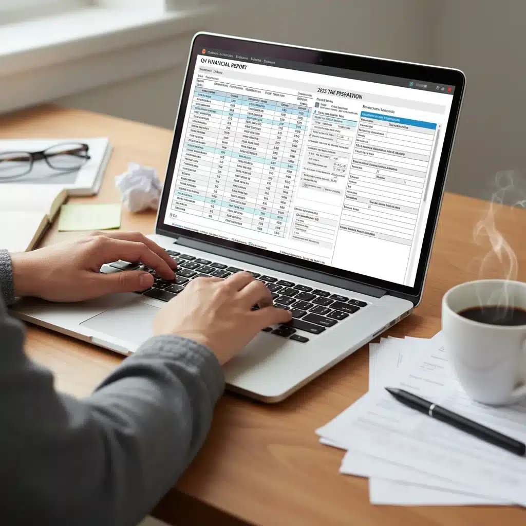 Hands typing on laptop, financial spreadsheet and tax forms on screen