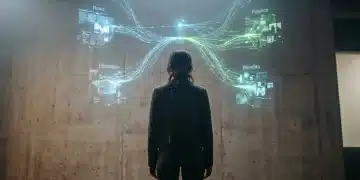 A person viewed from behind, silhouetted against merging holographic data streams representing news, education, finance, and benefits, highlighting an interconnected future.