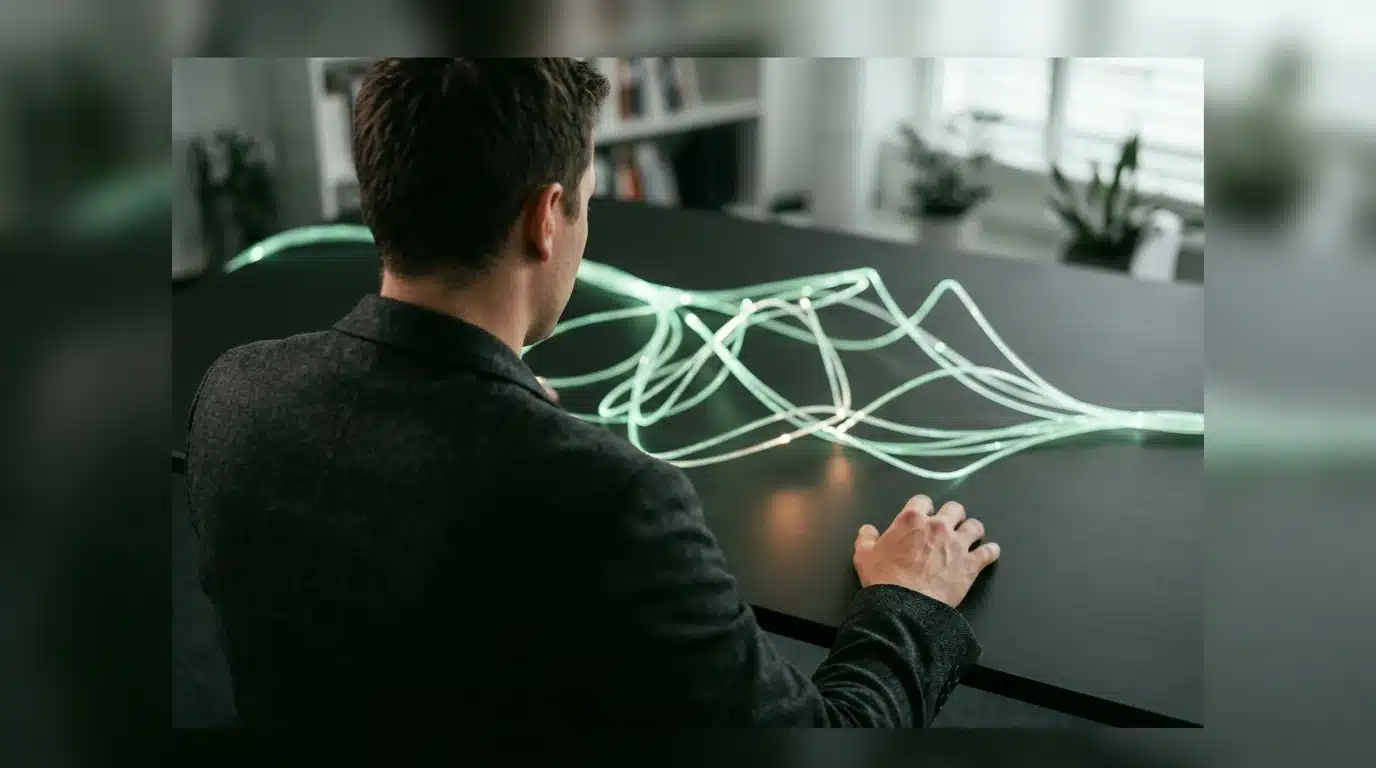 A person observing an intricate, glowing green fiber optic network spreading across a minimalist table, symbolizing the evolution of integrated, holistic employee benefits.