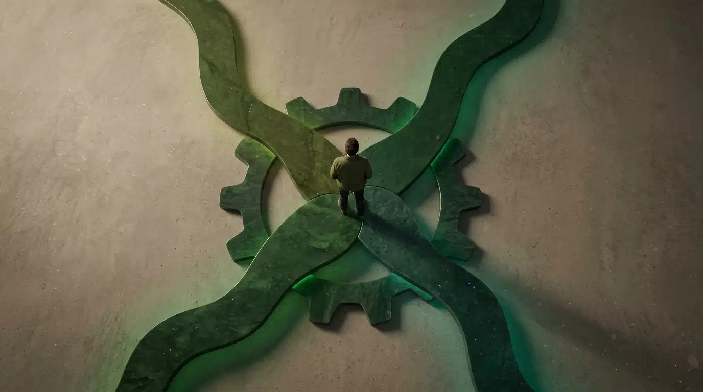 Aerial view of a person standing at the intersection of four interlocking jade pathways, subtly glowing with green light, representing interconnected systems.