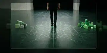 A person walking on a polished green floor with expanding, glowing geometric lines, symbolizing economic growth from strategic benefits.