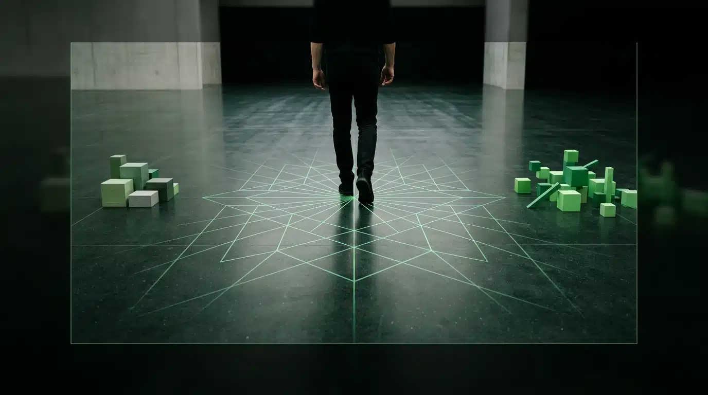 A person walking on a polished green floor with expanding, glowing geometric lines, symbolizing economic growth from strategic benefits.