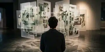 A person's silhouette observing a multi-layered acrylic display with fragmented news headlines, representing the complexities and biases in media information.