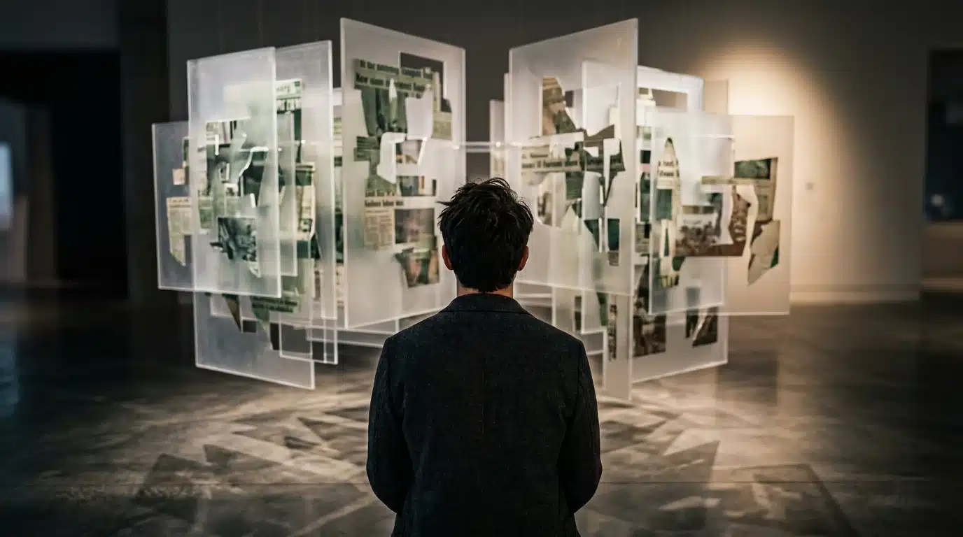 A person's silhouette observing a multi-layered acrylic display with fragmented news headlines, representing the complexities and biases in media information.