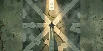 Aerial view of a person navigating a fragmented landscape of student loan documents and financial graphs on a weathered concrete floor, highlighting the complex, shifting nature of forgiveness policies.