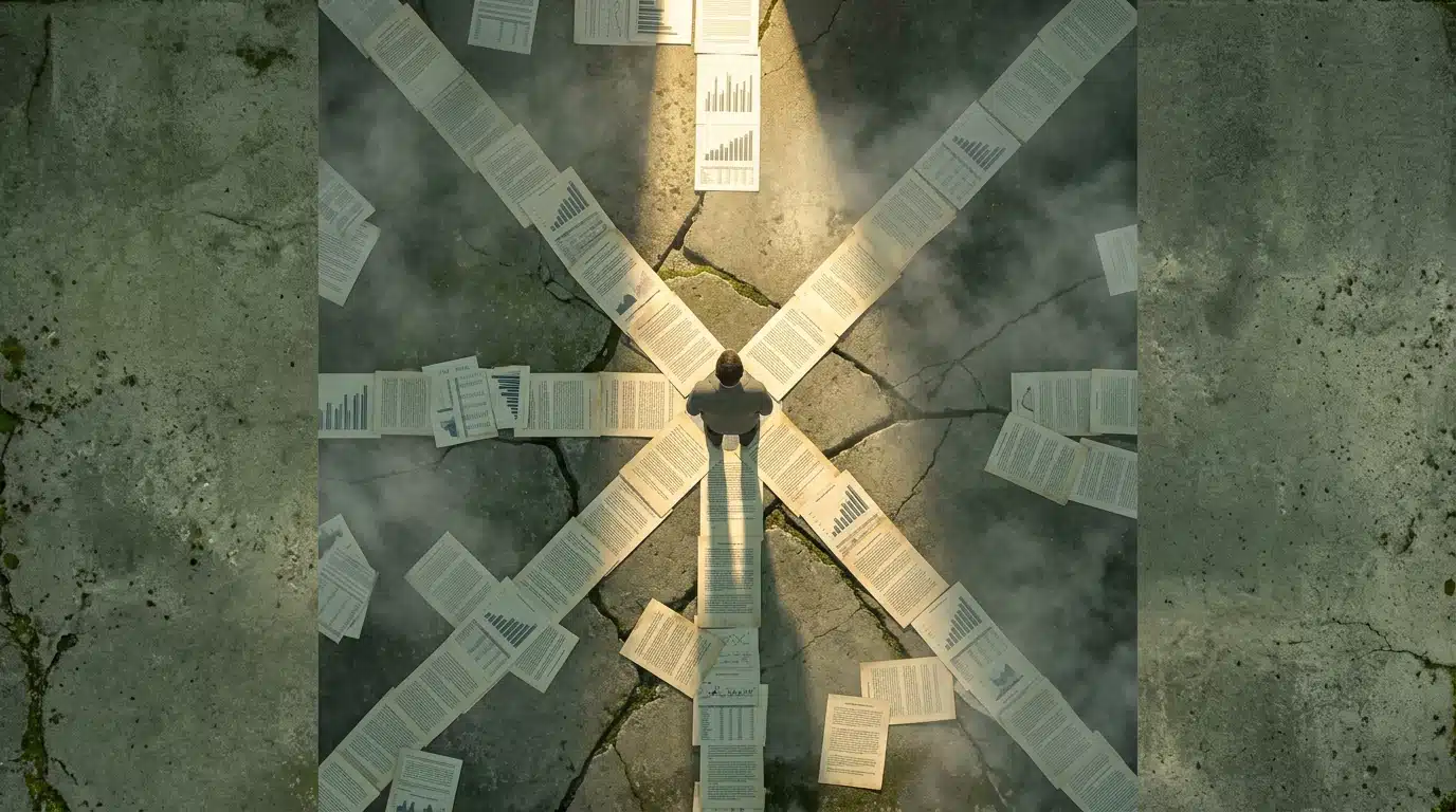 Aerial view of a person navigating a fragmented landscape of student loan documents and financial graphs on a weathered concrete floor, highlighting the complex, shifting nature of forgiveness policies.