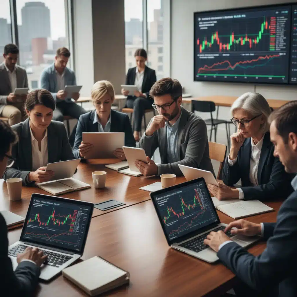 Investors analyzing market data on tablets and laptops, reflecting strategic financial planning.