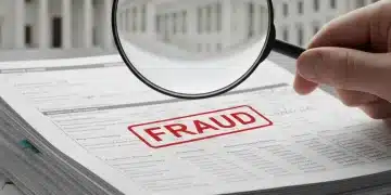 Magnifying glass over documents, highlighting increasing federal benefit fraud cases