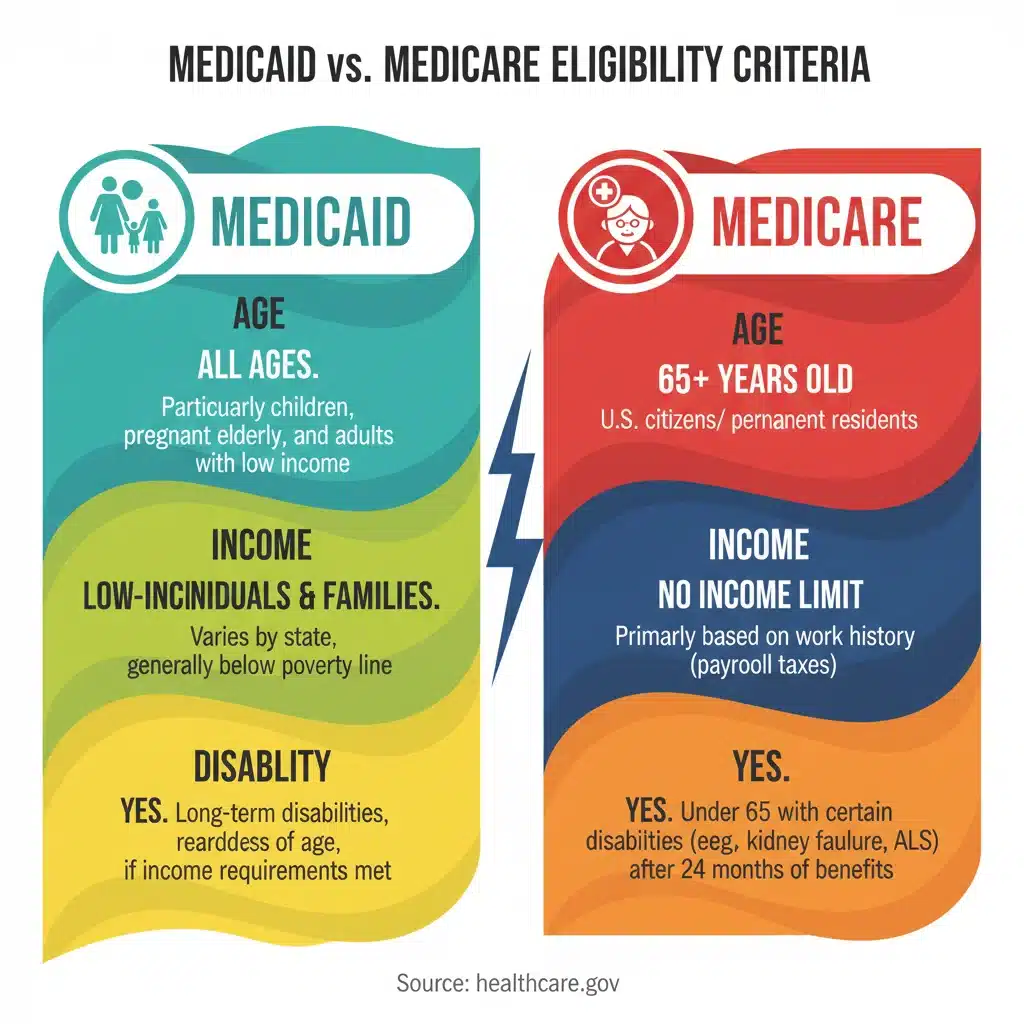 Infographic comparing Medicaid and Medicare eligibility requirements