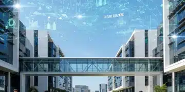 Modern university campus with students and data overlays representing STEM success.