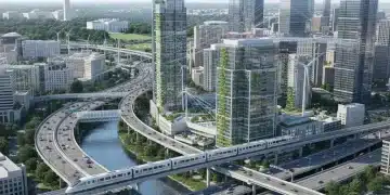 Modern urban infrastructure network with White House in background