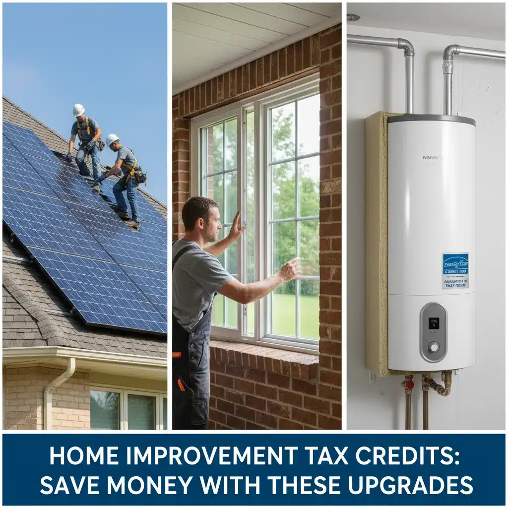 Various home improvement projects qualifying for tax credits: solar panels, energy-efficient windows, insulated water heater