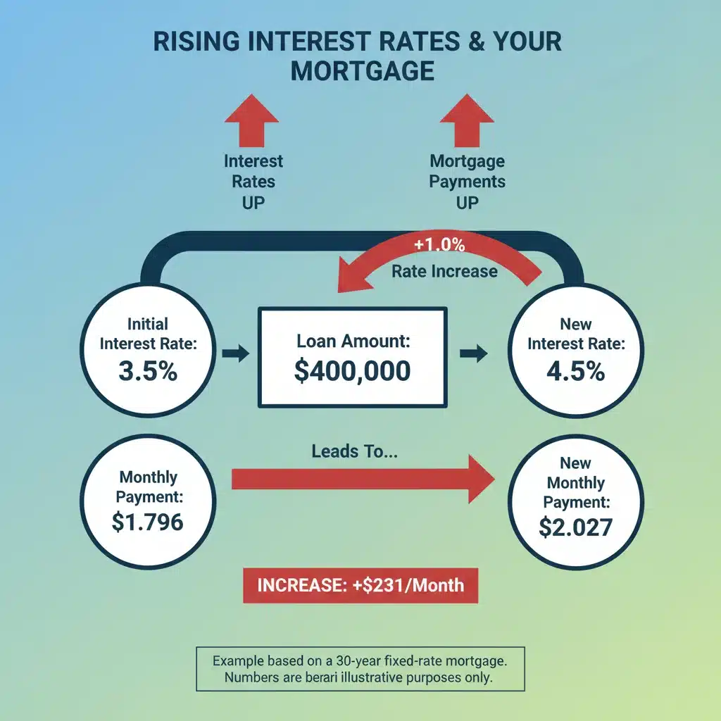 Infographic showing rising interest rates impacting mortgage payments with clear data.