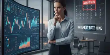 Small business owner analyzing financial data with January 2026 calendar, contemplating interest rate hike impact.