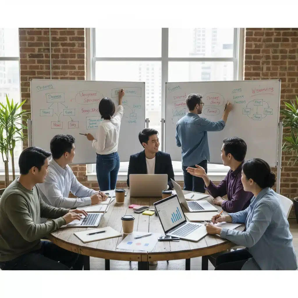 Small business owners collaborating on strategies to adapt to economic changes.