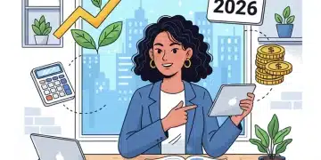 Small business owner reviewing tax documents, calculating savings for 2026