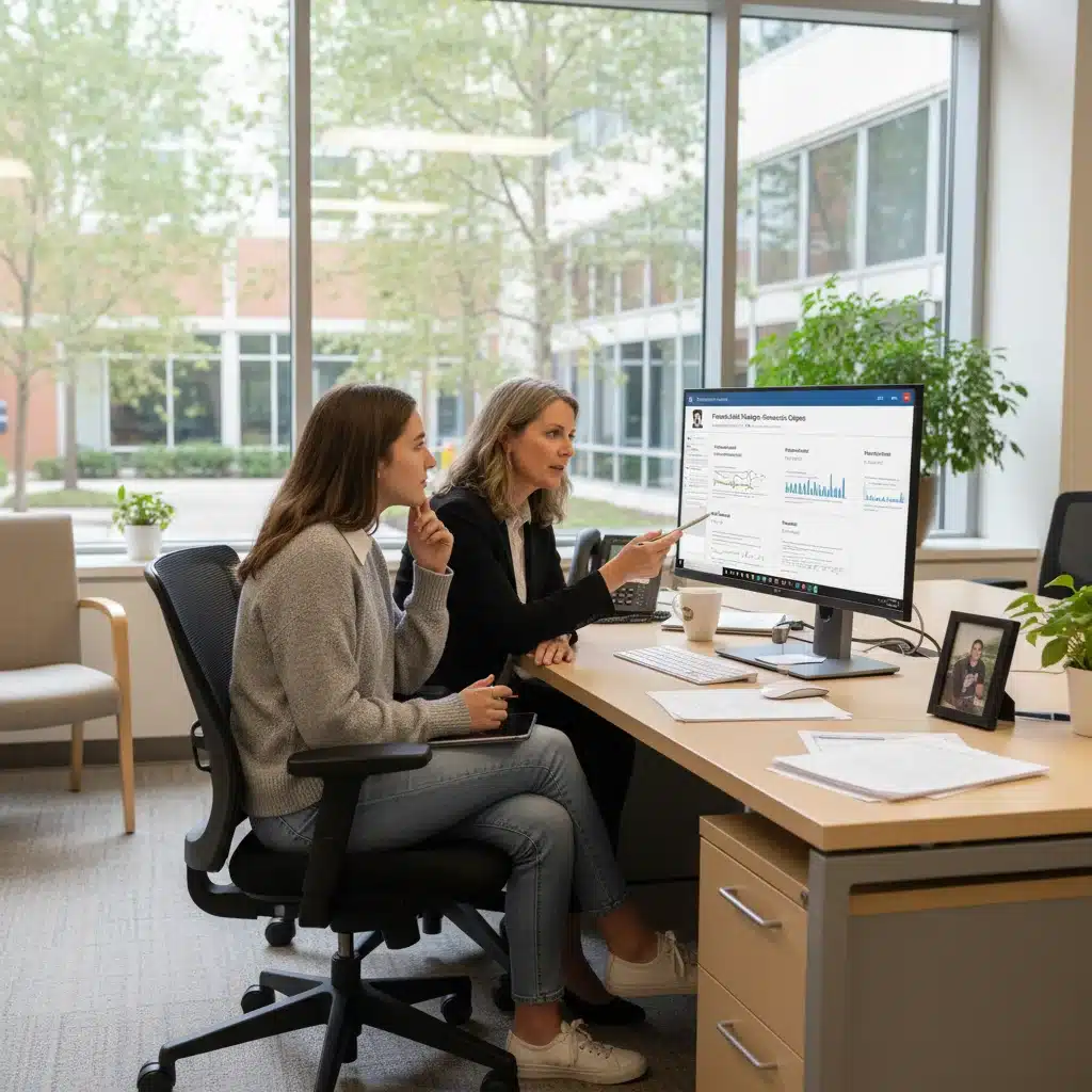 Student consulting financial aid advisor at university